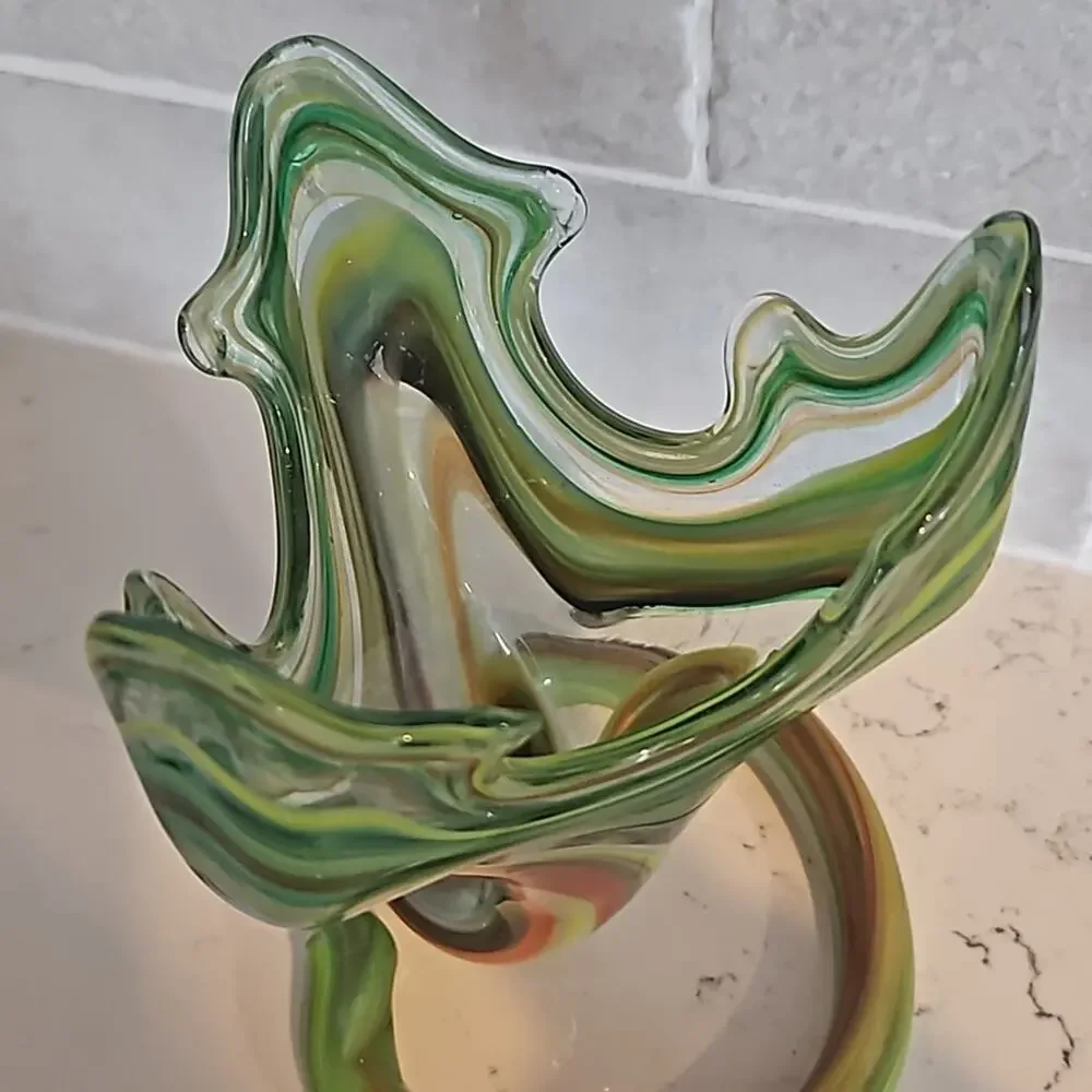 Vintage Green and Brown Hand Blown Spiral Art Glass Vase - 8